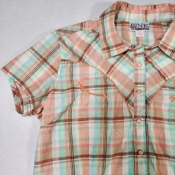 PINK Cattlelac Women's Western Short Sleeve L Peach Plaid Snaps Cowgirl Rodeo‎ - Picture 6 of 15